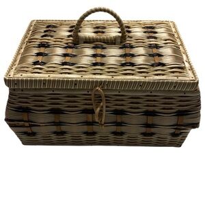 Woven Wicker Sewing Basket W/ Pink Satin Padded Interior Basket with Handle